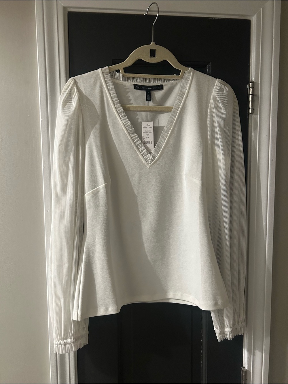 White V-Neck Pleated Sleeve Women's Top